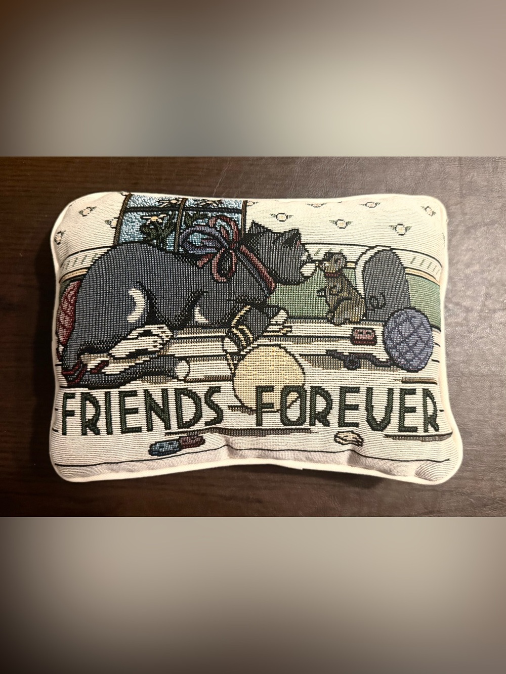 Decorative Throw Pillow 8”x12 Cat And Mouse "Friends Forever" Embroidered EUC